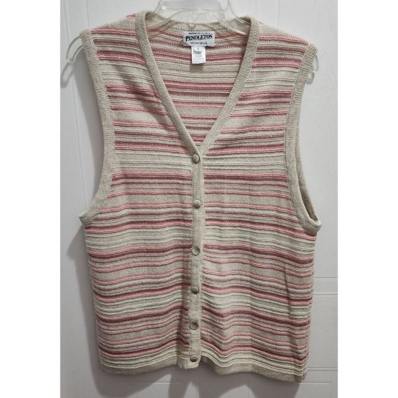 Pendleton Womens Sleeveless Cardigan Sweater Linen Blend Pink/Beige Striped Sz L - Picture 1 of 8